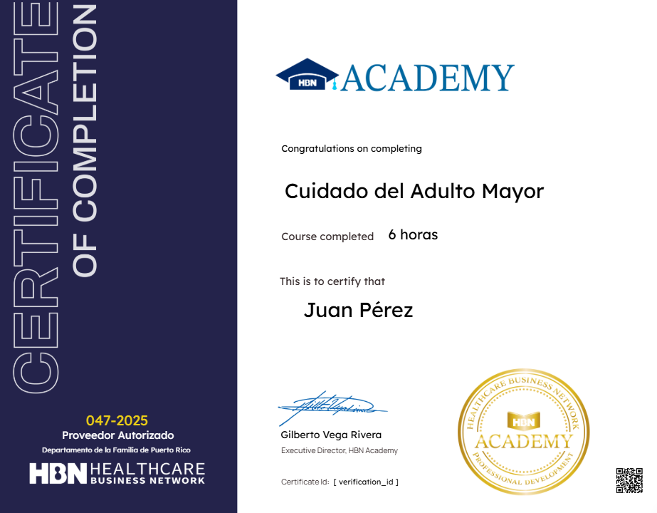 Ejemplo de certificado HBN Academy - Cuidado del Adulto Mayor