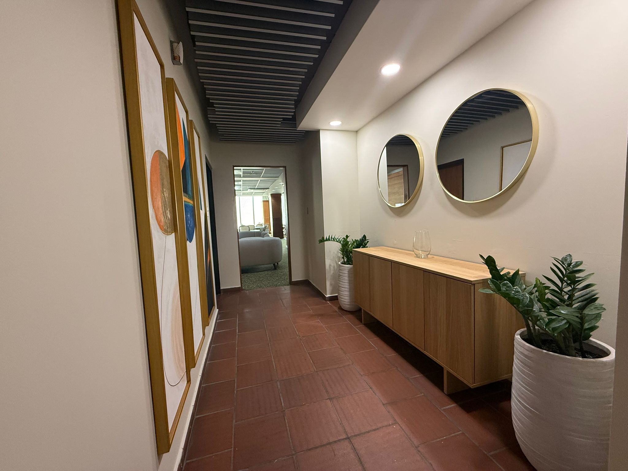 Pasillo de acceso decorado con cuadros de arte, espejos y plantas ornamentales