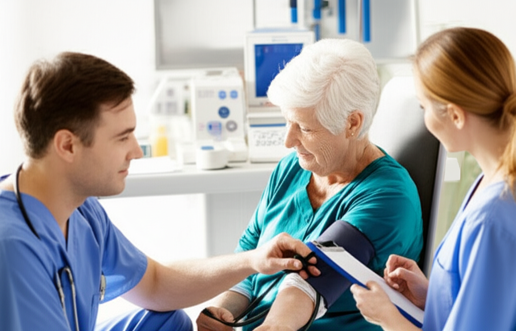 Enfermeros tomando los vitales a un adulto mayor
